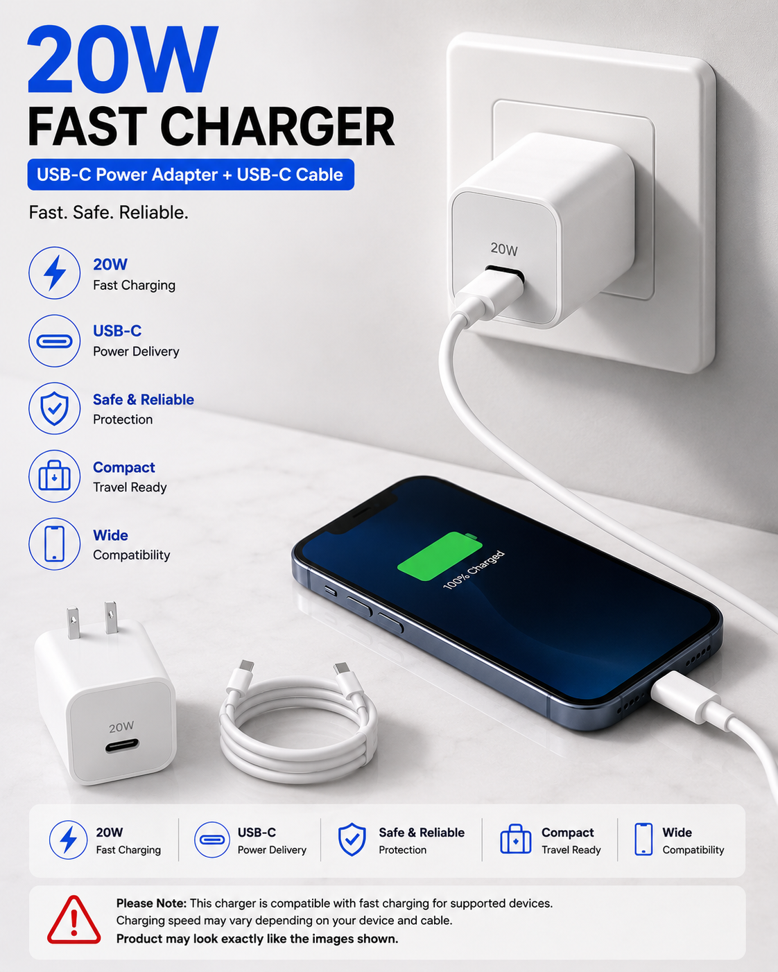 20W USB-C Fast Charger + USB-C Cable | Fast Charging Power Adapter